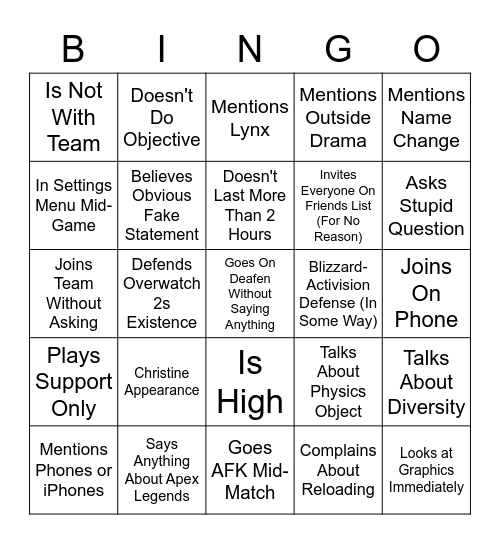 Jadyn Overwatch 2 Bingo Card Bingo Card