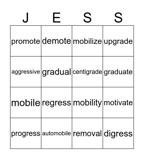 mot, mob, mov, grad, gress Bingo Card