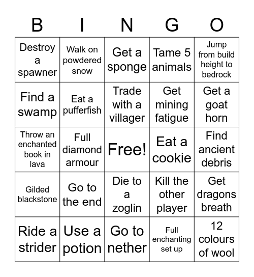 Minecraft Bingo Card