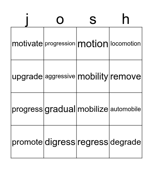 mot,mob,mov,grad,gress  Bingo Card