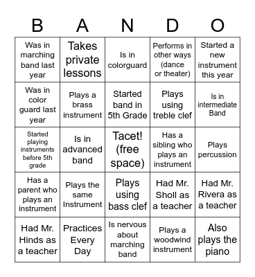 Band Buddy Bingo - Find Someone Who Bingo Card