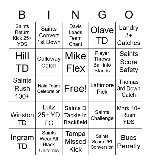 Saints Vs Bucs 22 Bingo Card