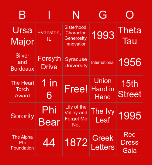 Alpha Phi Bingo Card