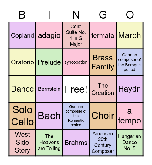 Sager Music Memory Bingo Card