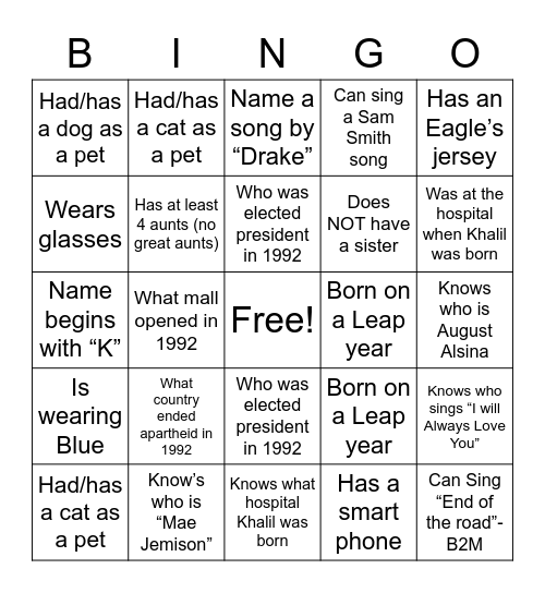 Khalil 1992 - 2022 Bingo Card