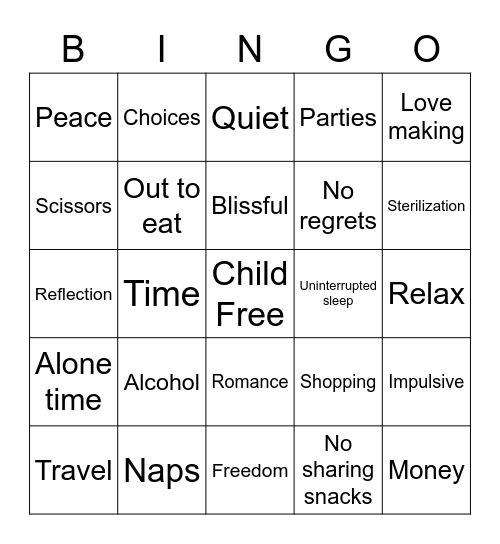 Childfree Bingo Card