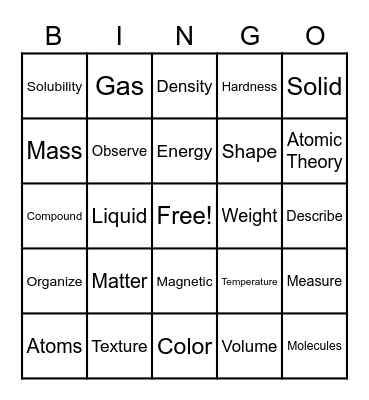 Properties of Matter Bingo Card