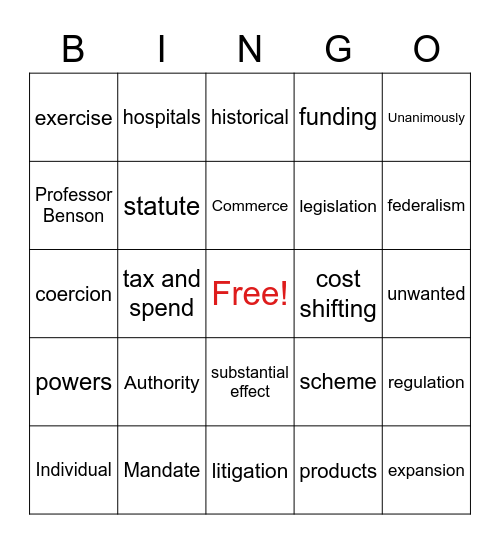 Necessary and Proper Clause Bingo Card