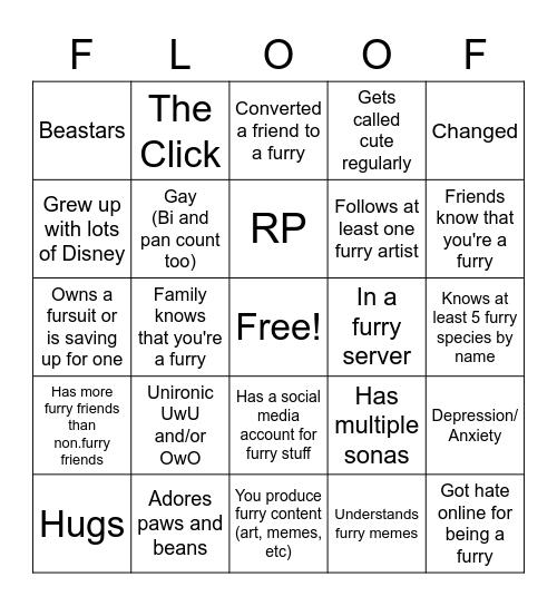 Your furrylevel Bingo Card