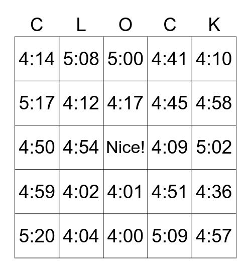 Bingo Clock Bingo Card