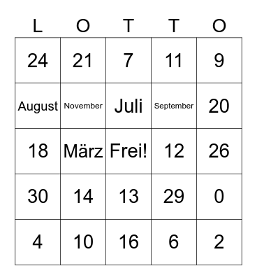 Numbers and Months Bingo Card