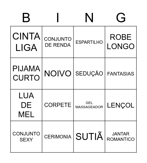 Chá de Lingerie da Nalidea Bingo Card