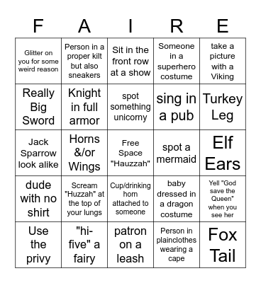 Ren Faire Bingo Card