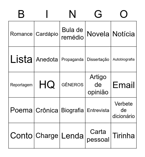 Bingo de Gêneros Textuais Bingo Card