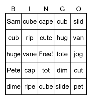 SHORT and LONG VOWEL SOUND Bingo Card