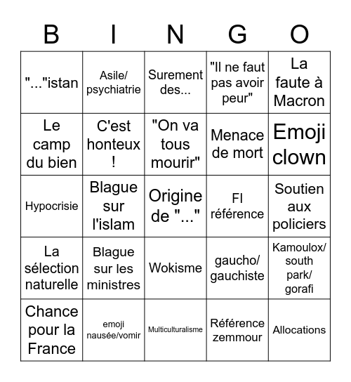 Bingo des commentaires occidentalis.fr :emojiclown: Bingo Card