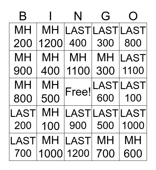 PACU COMPS Bingo Card