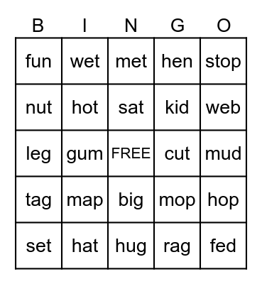 SHORT VOWEL SOUND Bingo Card