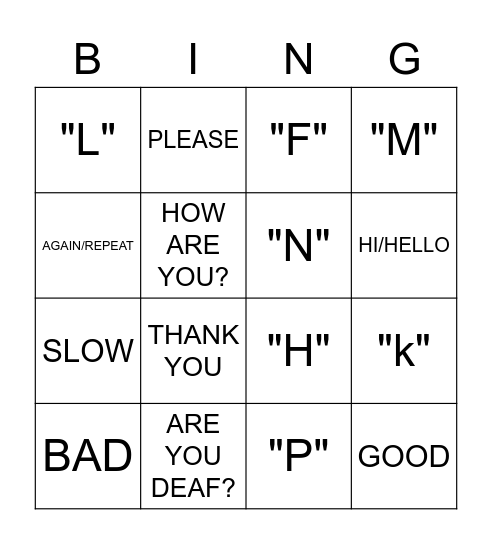 ASL Bingo Card