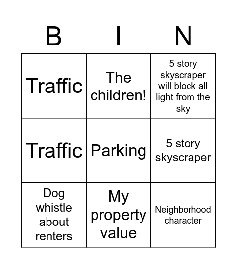 NIMBY Bingo Card