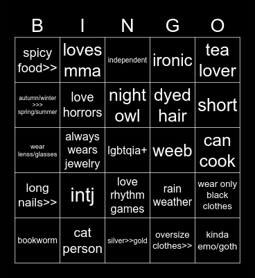 Kitsune Bingo Card