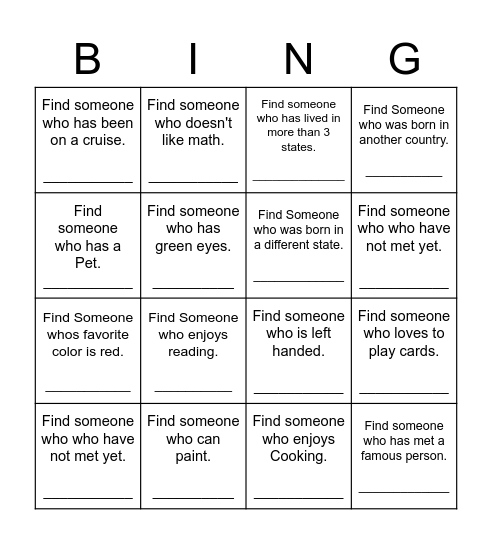 Find Someone Who Bingo Card