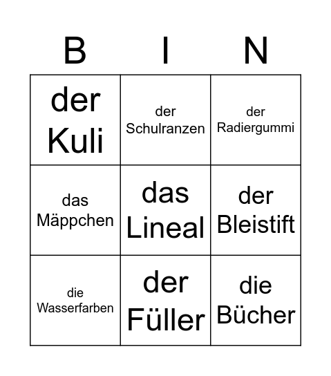 Schulsachen mit Wörtern Bingo Card