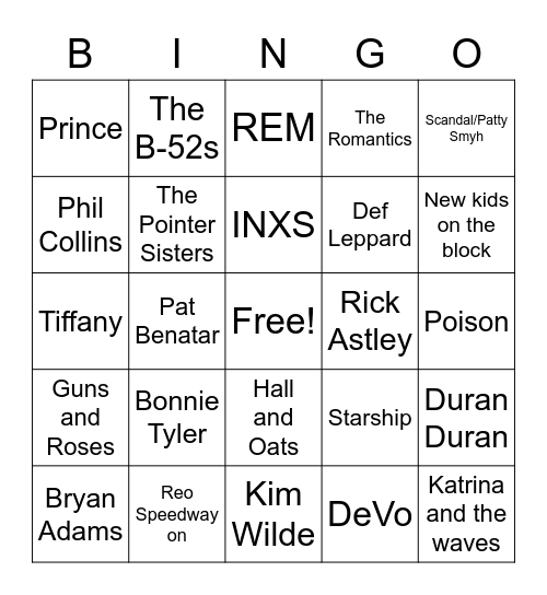 80's Pop Rock, Name the Artist Bingo Card