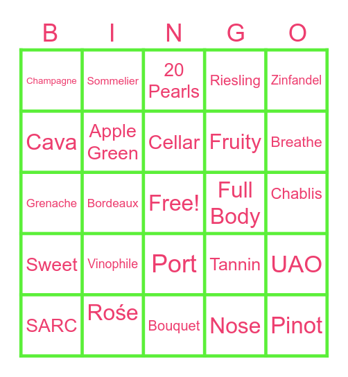 UAO Vino Bingo Card