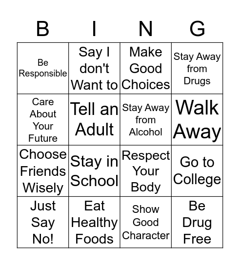 DRUG FREE BINGO CARDS    Bingo Card