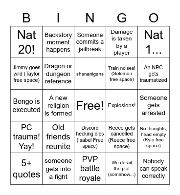 New Campagin+ Session 0.5 Bingo Card