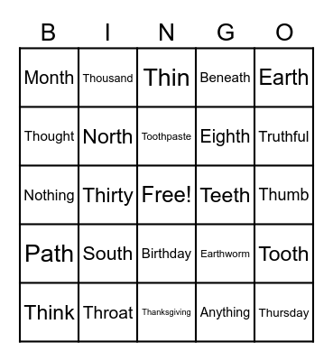 Voiceless /th/ Bingo Fun! Bingo Card