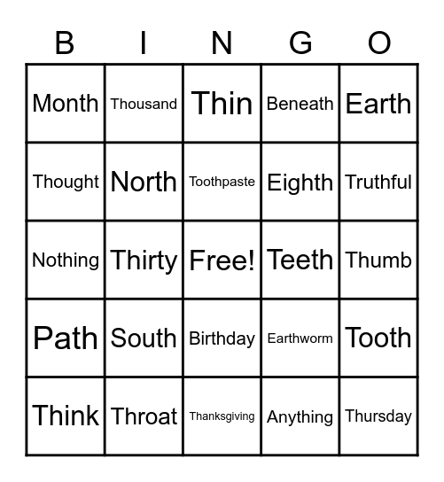 Voiceless /th/ Bingo Fun! Bingo Card