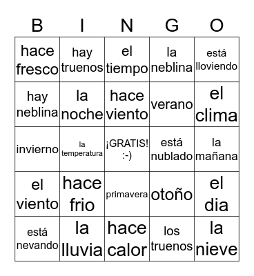 El clima / El tiempo Bingo Card