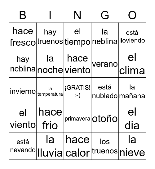 El clima / El tiempo Bingo Card