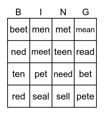 short/long E Bingo Card