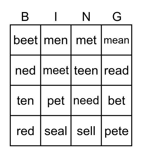 short/long E Bingo Card