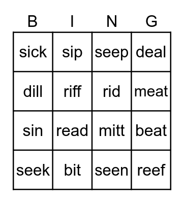 Long e, short i Bingo Card