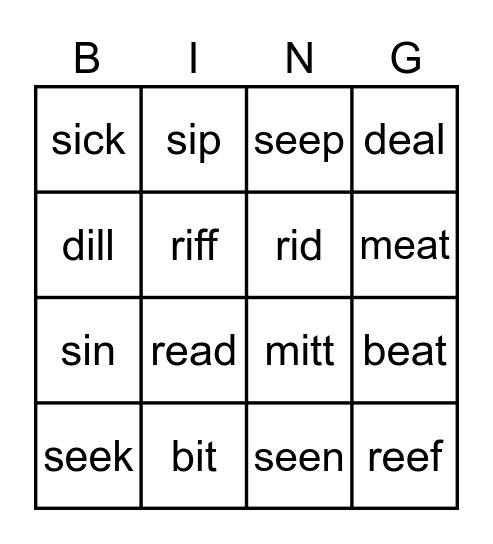 Long e, short i Bingo Card