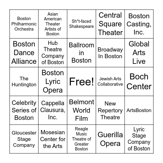 Boston Arts Bingo Card