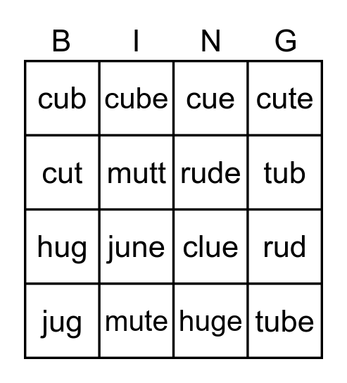 short long u Bingo Card