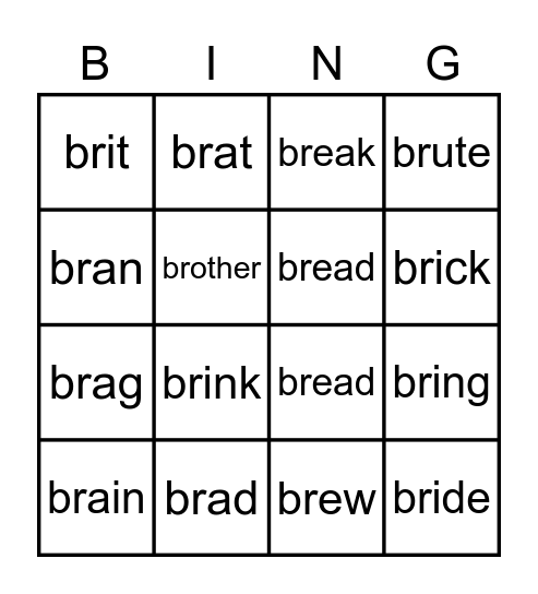 br words Bingo Card
