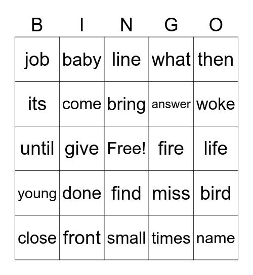 High Frequency Word Bingo Card