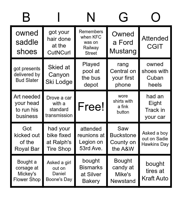 PCHS 1967 Icebreaker Bingo Card