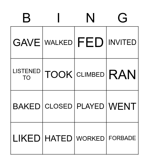 PAST SIMPLE VERBS Bingo Card