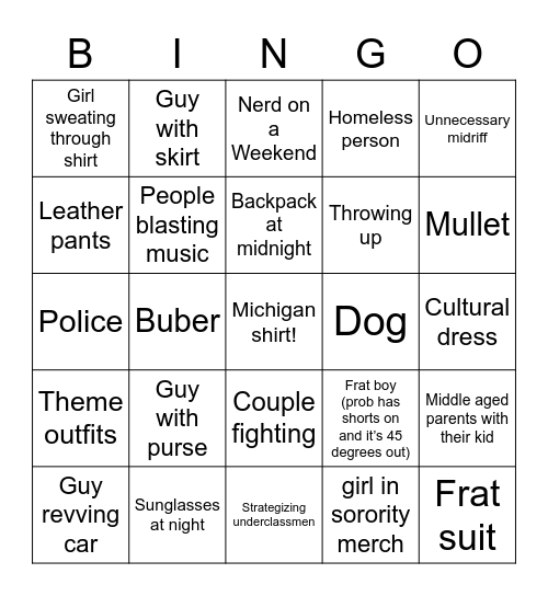 Michigan bingo Card