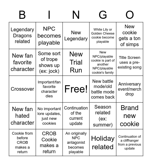 Cookie Run Update Bingo! Bingo Card