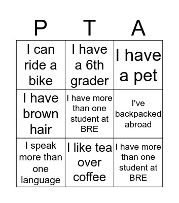 PTA Ice Breaker Bingo Card