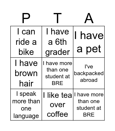 PTA Ice Breaker Bingo Card