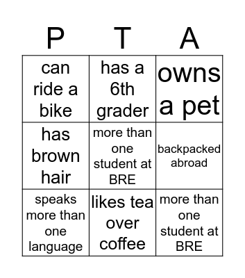 PTA Ice Breaker Bingo Card